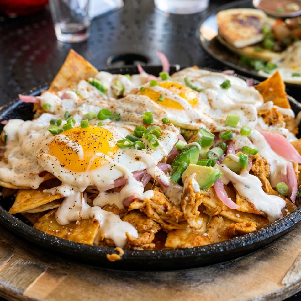Loaded nachos topped with fried eggs, creamy sauce, shredded chicken, avocado, pickled onions, and green onions in a skillet.