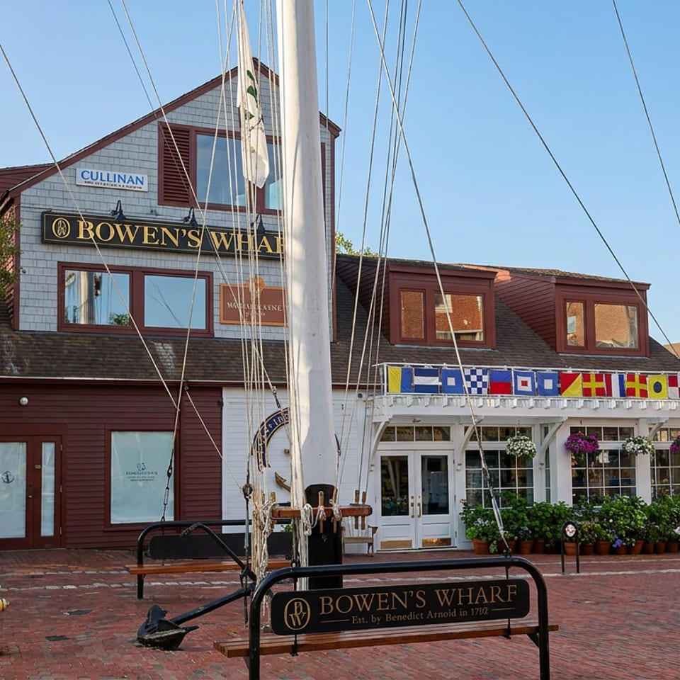Bowen’s Wharf storefronts surround a brick courtyard with nautical flags, a sailboat mast, flower baskets, and an anchor.