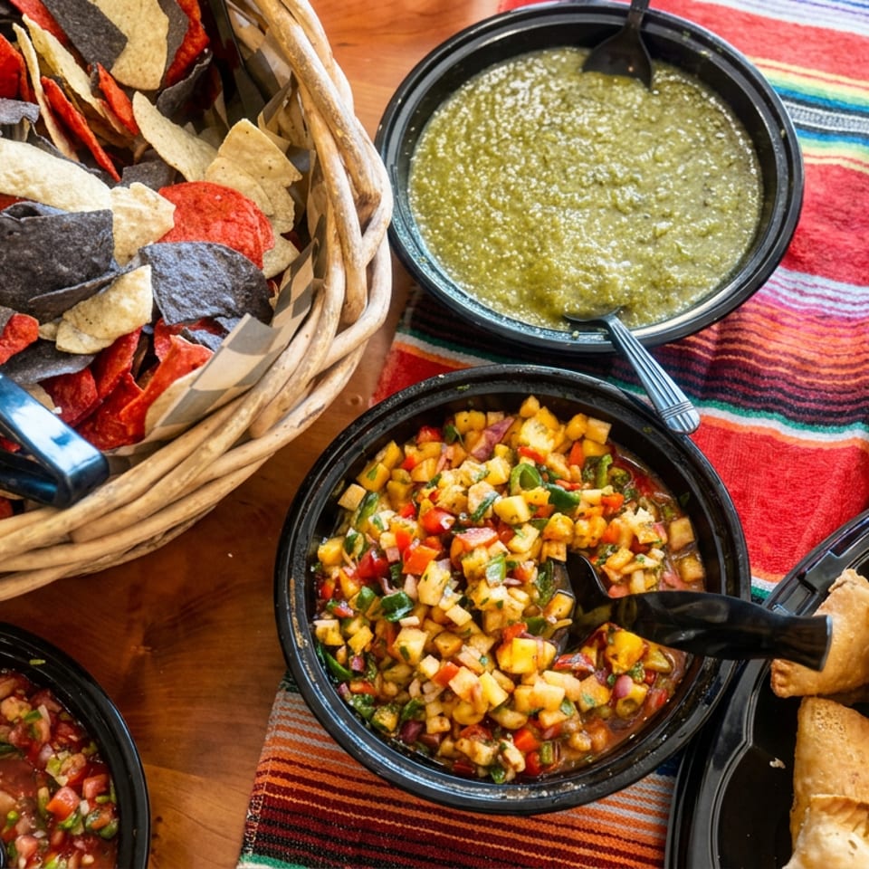 Assorted tortilla chips, salsa, green dip, colorful pico de gallo, and golden empanadas arranged on a striped Mexican tablecloth.