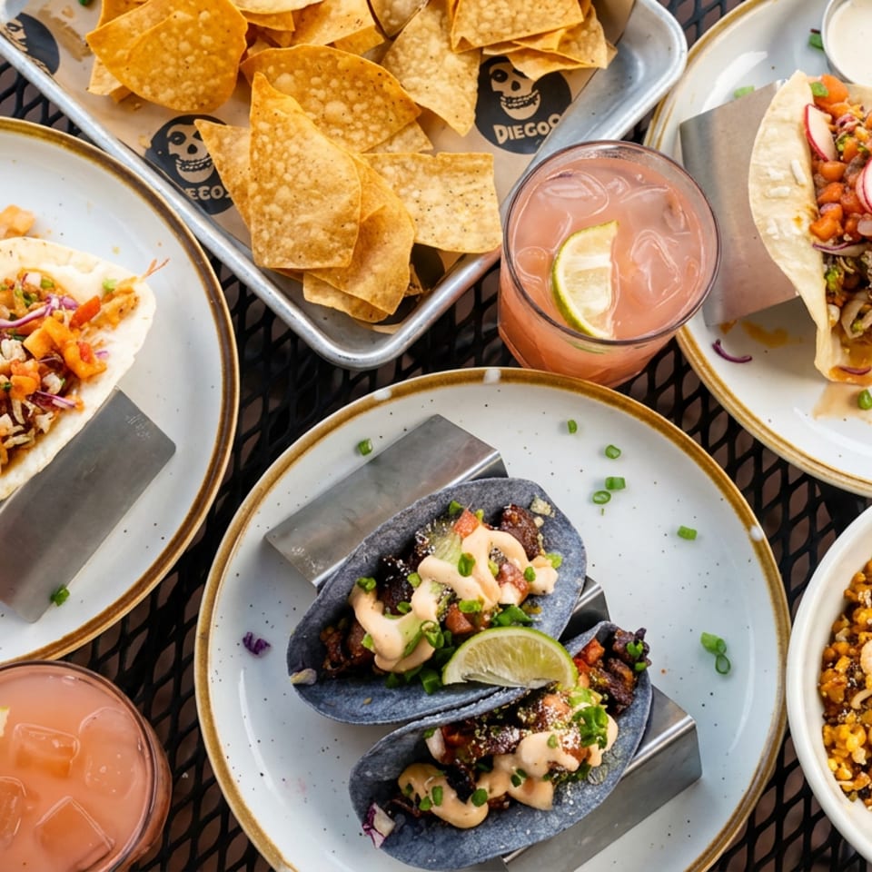 Overhead view of assorted tacos, tortilla chips, corn salad, dipping sauces, and pink lime cocktails on a restaurant table.