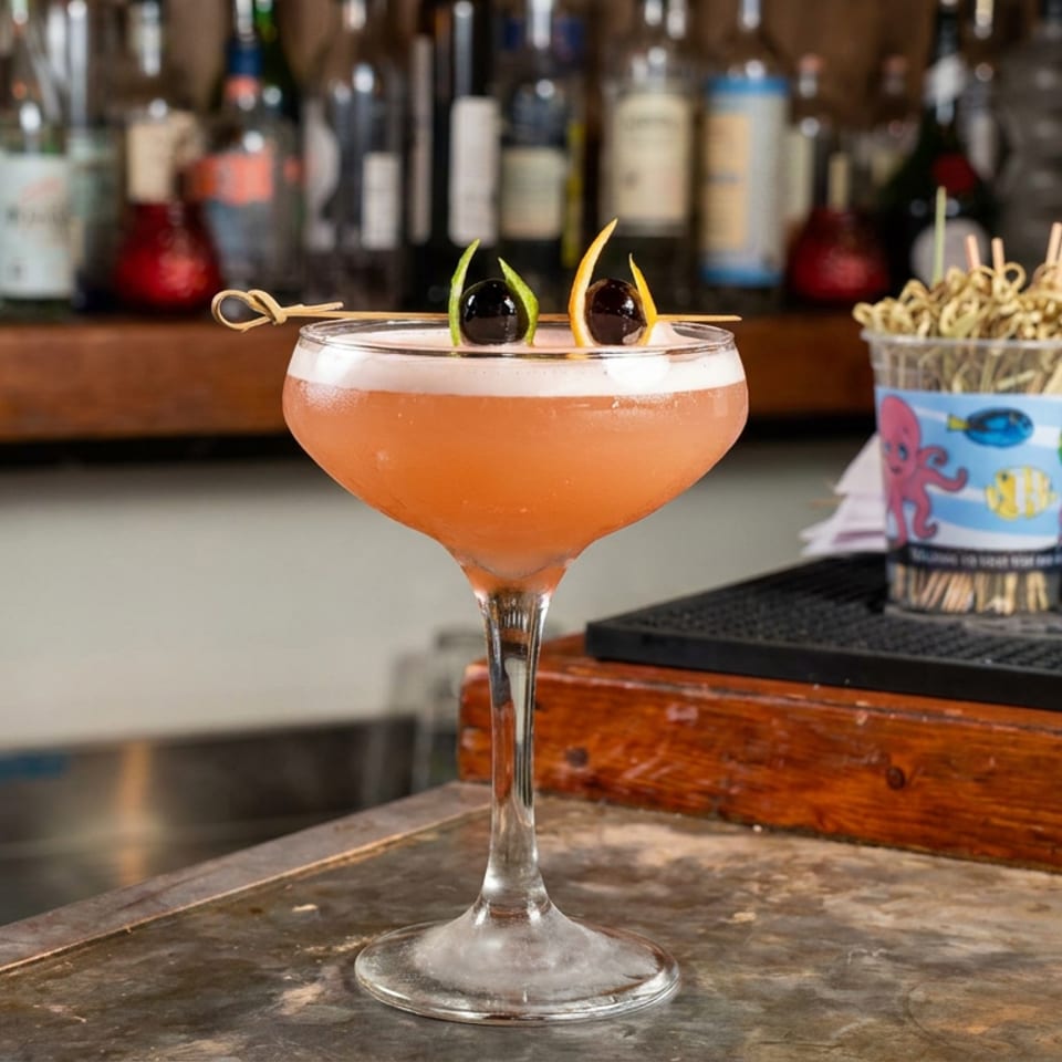 Orange cocktail in a coupe glass garnished with black cherries and citrus peels on a rustic bar counter.