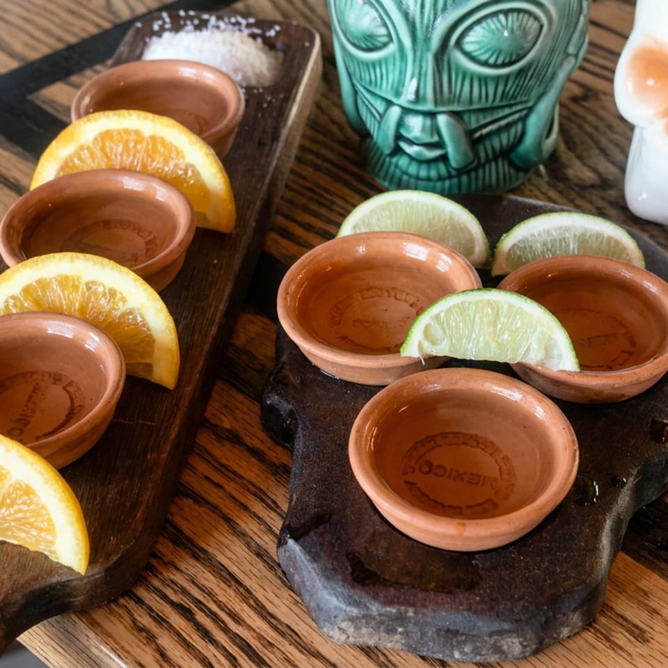 Terracotta tasting cups with orange and lime wedges on wooden serving boards, beside colorful tiki mugs on a rustic restaurant table.