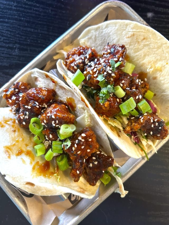 Korean BBQ Fried Chicken Tacos.